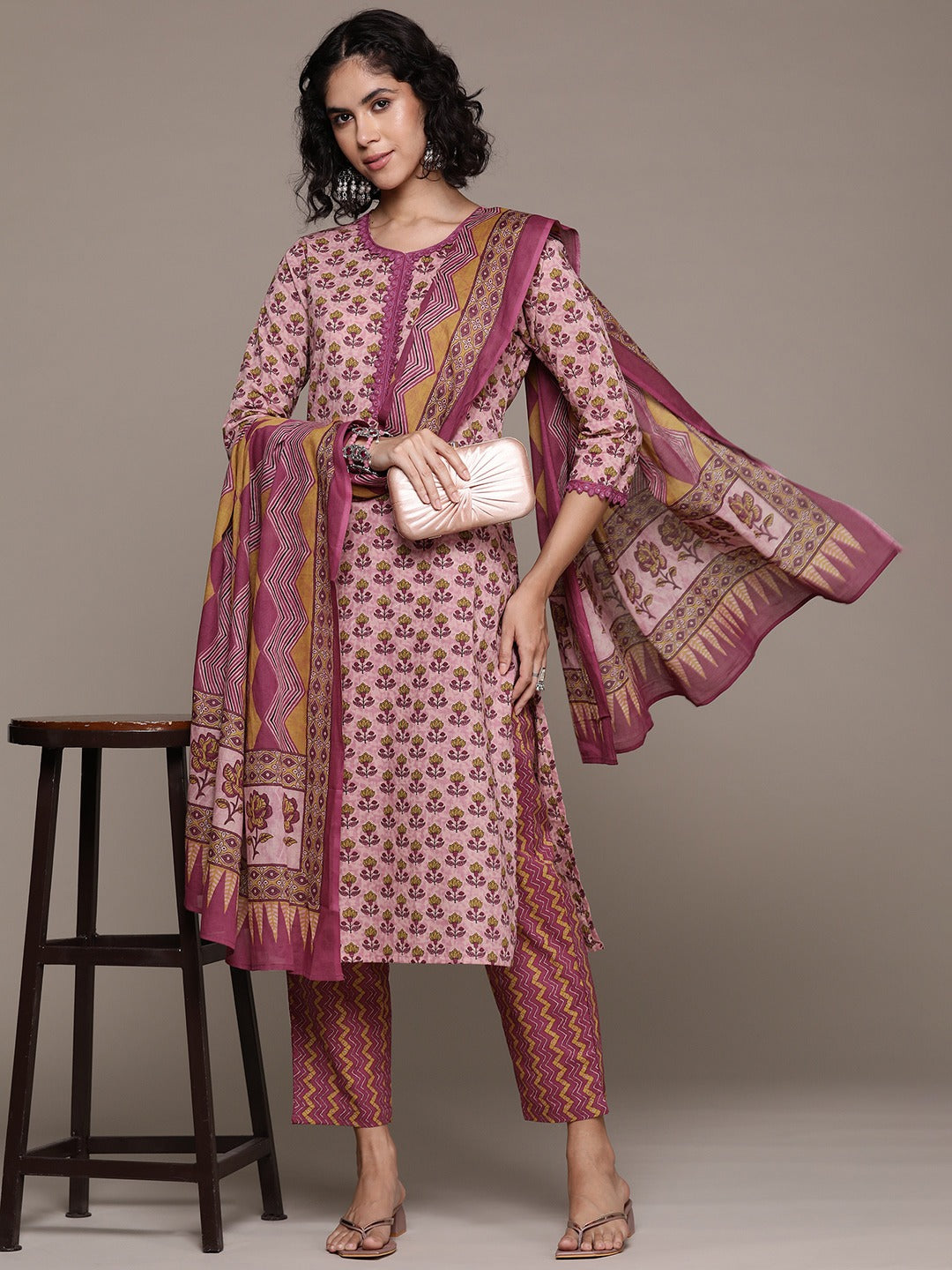 Straight style cotton fabric Mauve color kurta with Bottom and dupatta
