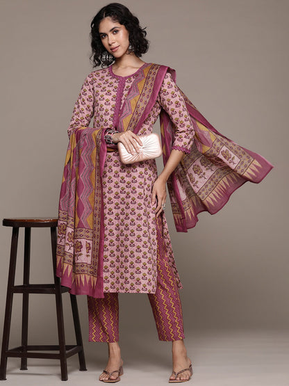 Straight style cotton fabric Mauve color kurta with Bottom and dupatta