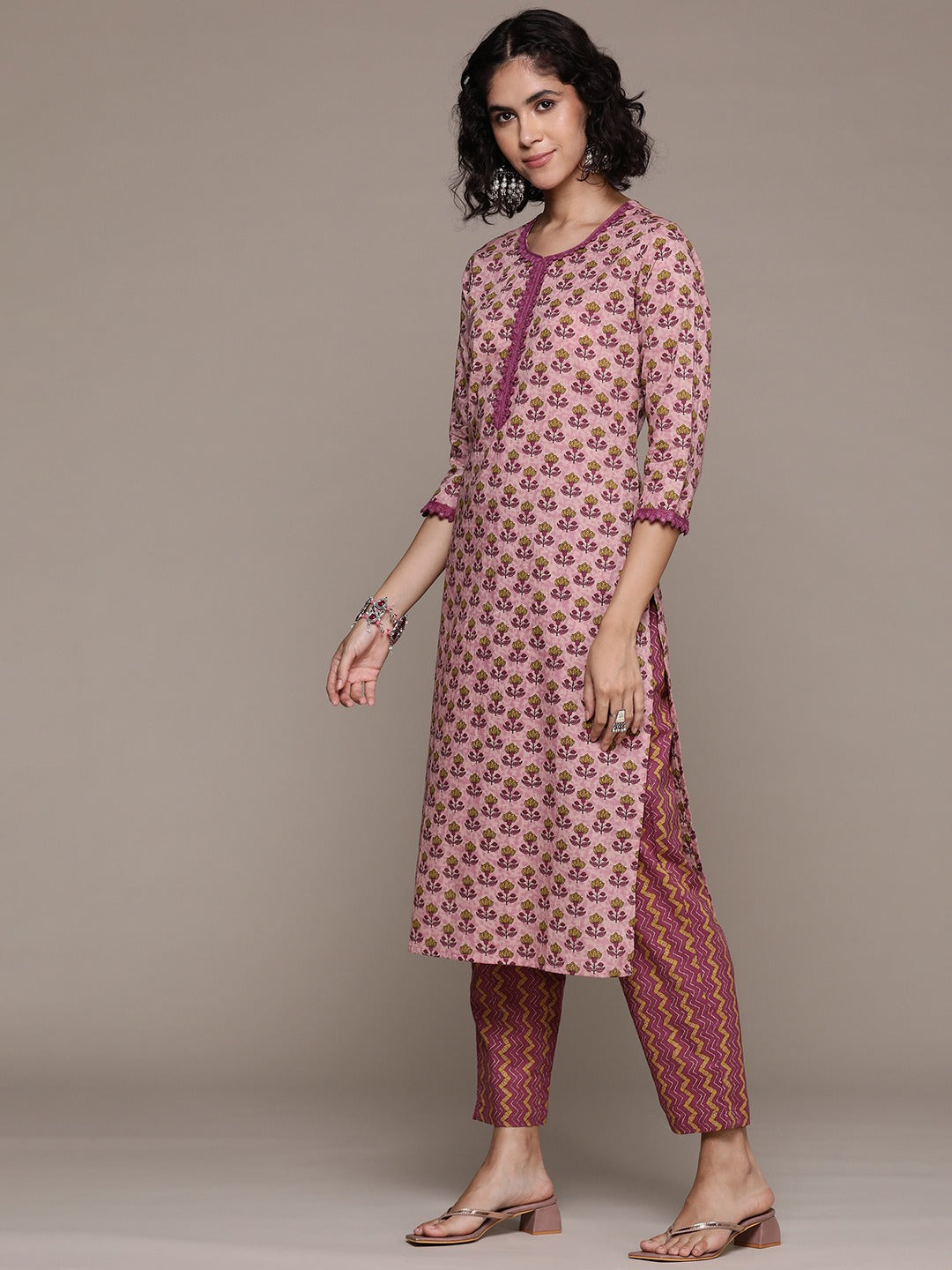 Straight style cotton fabric Mauve color kurta with Bottom and dupatta