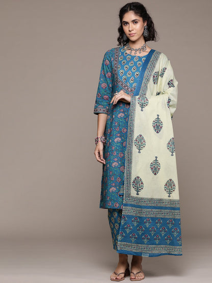 Straight style cotton fabric Blue color kurta with Bottom and dupatta