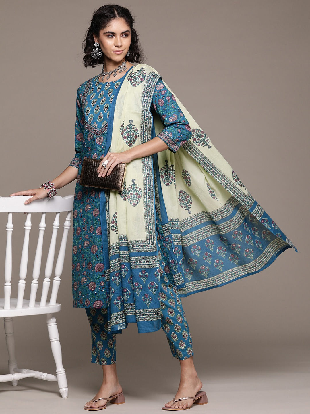 Straight style cotton fabric Blue color kurta with Bottom and dupatta