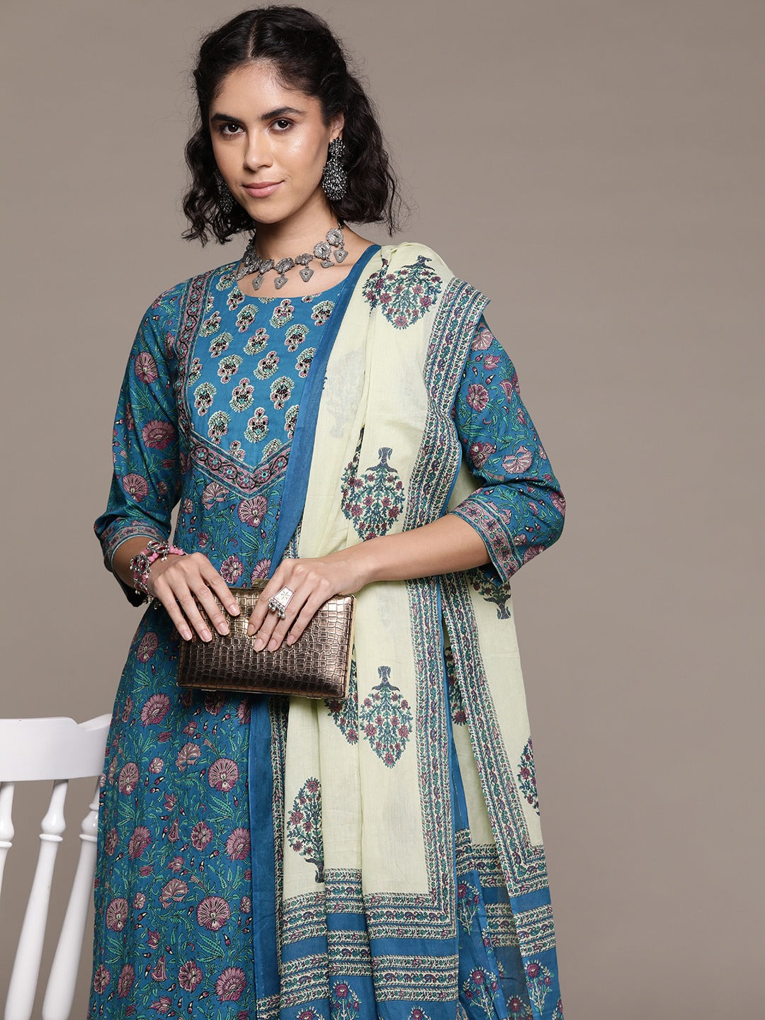 Straight style cotton fabric Blue color kurta with Bottom and dupatta