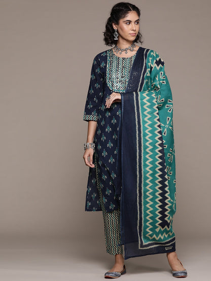 Straight style cotton fabric Navy Blue color kurta with Bottom and dupatta