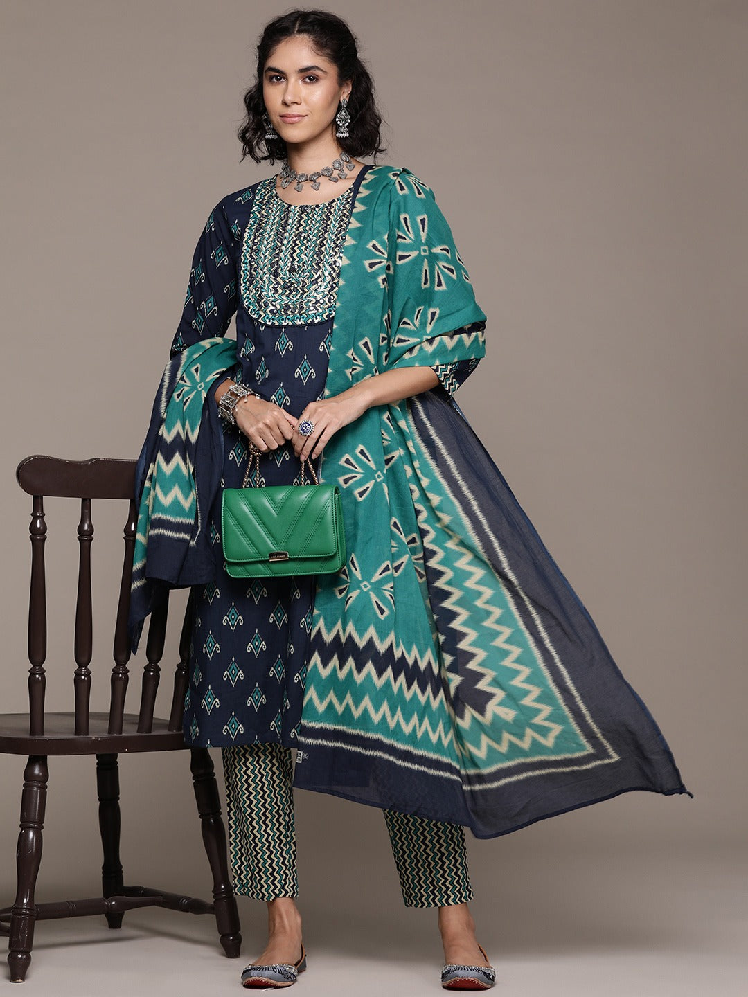Straight style cotton fabric Navy Blue color kurta with Bottom and dupatta