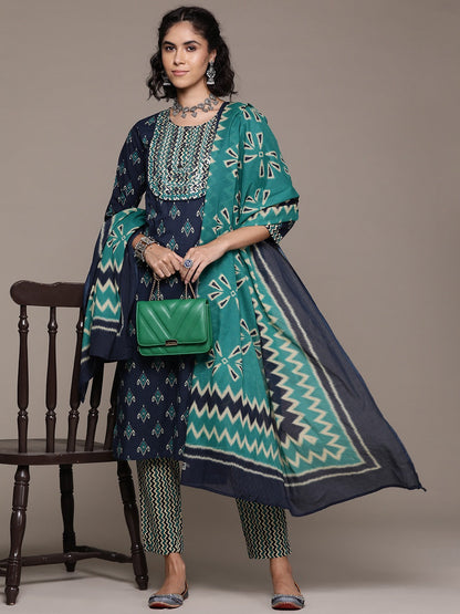 Straight style cotton fabric Navy Blue color kurta with Bottom and dupatta