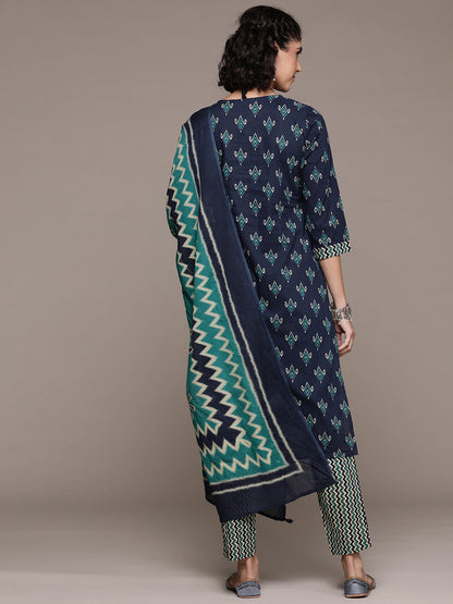 Straight style cotton fabric Navy Blue color kurta with Bottom and dupatta