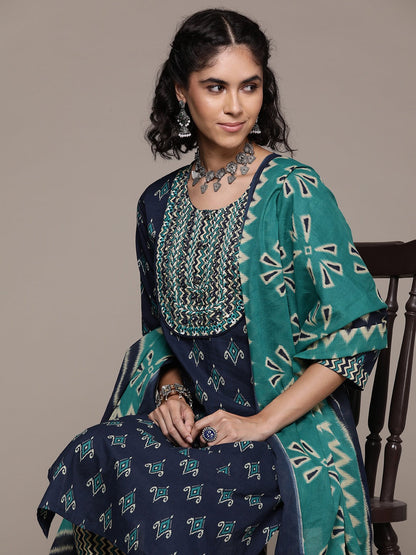 Straight style cotton fabric Navy Blue color kurta with Bottom and dupatta
