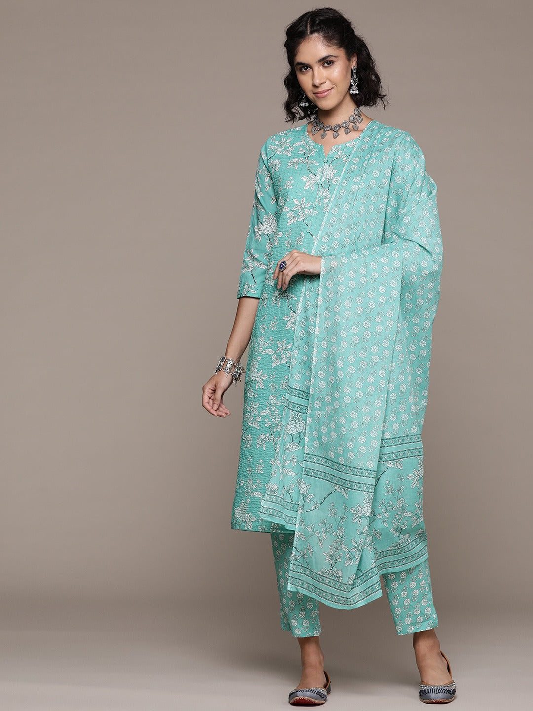 Straight style cotton fabric Sea green color kurta with Bottom and dupatta