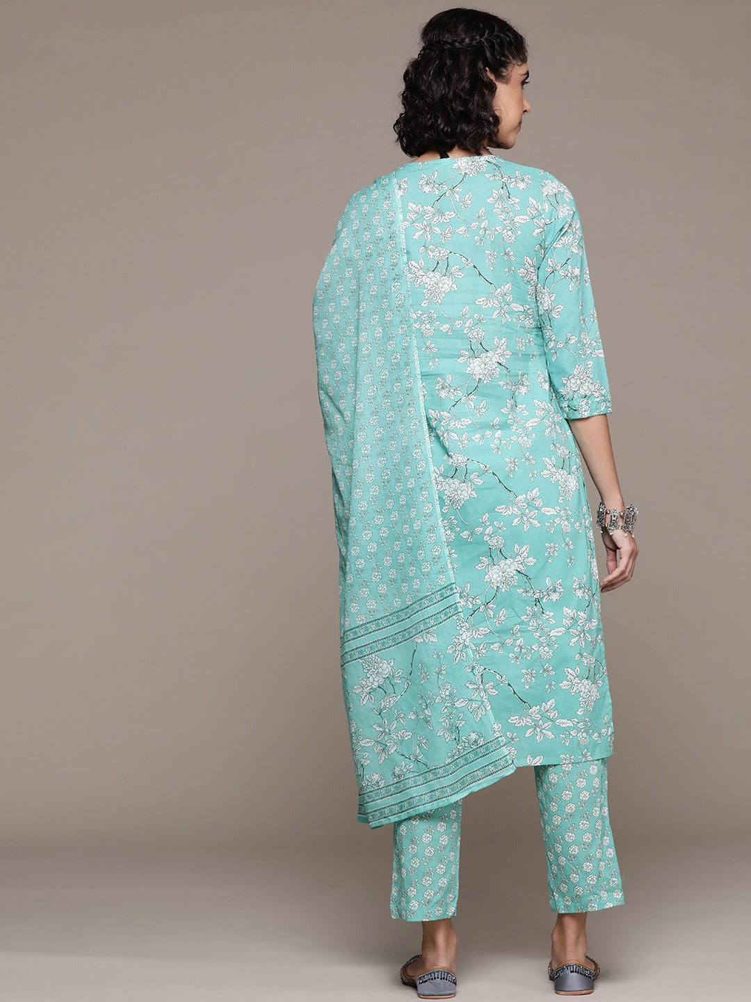 Straight style cotton fabric Sea green color kurta with Bottom and dupatta