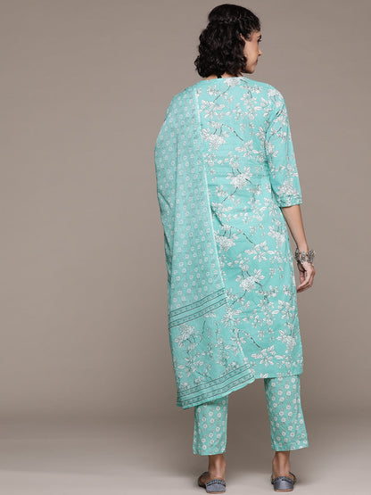 Straight style cotton fabric Sea green color kurta with Bottom and dupatta