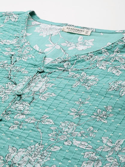 Straight style cotton fabric Sea green color kurta with Bottom and dupatta