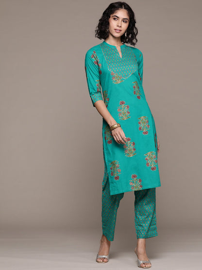Straight style cotton fabric Sea Green color kurta with Bottom
