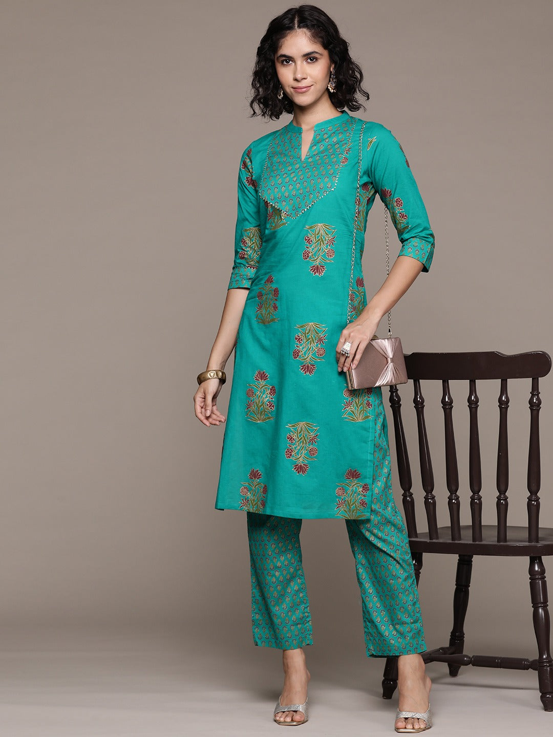 Straight style cotton fabric Sea Green color kurta with Bottom