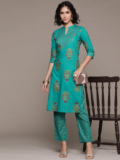 Straight style cotton fabric Sea Green color kurta with Bottom