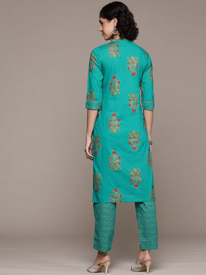 Straight style cotton fabric Sea Green color kurta with Bottom
