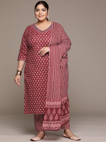 Plus Size Straight style cotton fabric Burgundy color kurta with Bottom and dupatta