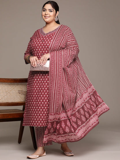 Plus Size Straight style cotton fabric Burgundy color kurta with Bottom and dupatta