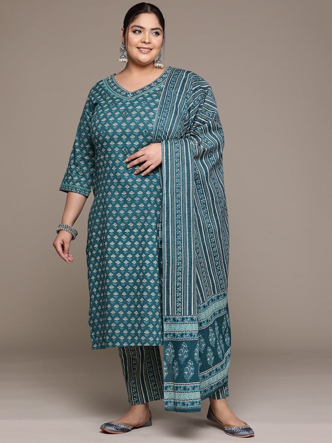 Plus Size Straight style cotton fabric Teal color kurta with Bottom and dupatta