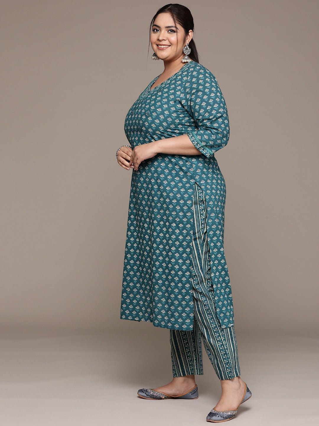 Plus Size Straight style cotton fabric Teal color kurta with Bottom and dupatta