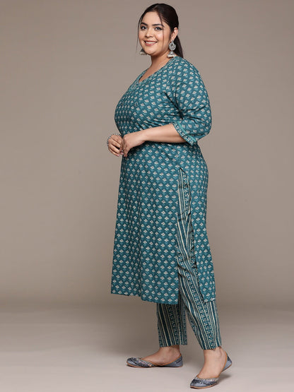 Plus Size Straight style cotton fabric Teal color kurta with Bottom and dupatta