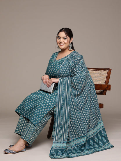 Plus Size Straight style cotton fabric Teal color kurta with Bottom and dupatta