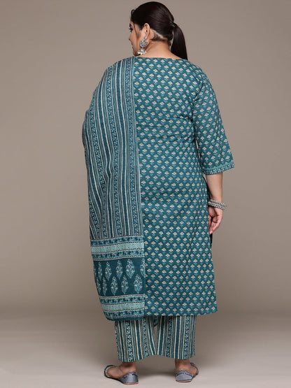 Plus Size Straight style cotton fabric Teal color kurta with Bottom and dupatta