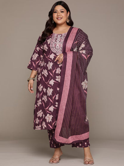 Plus Size Straight style cotton fabric Violet color kurta with Bottom and dupatta
