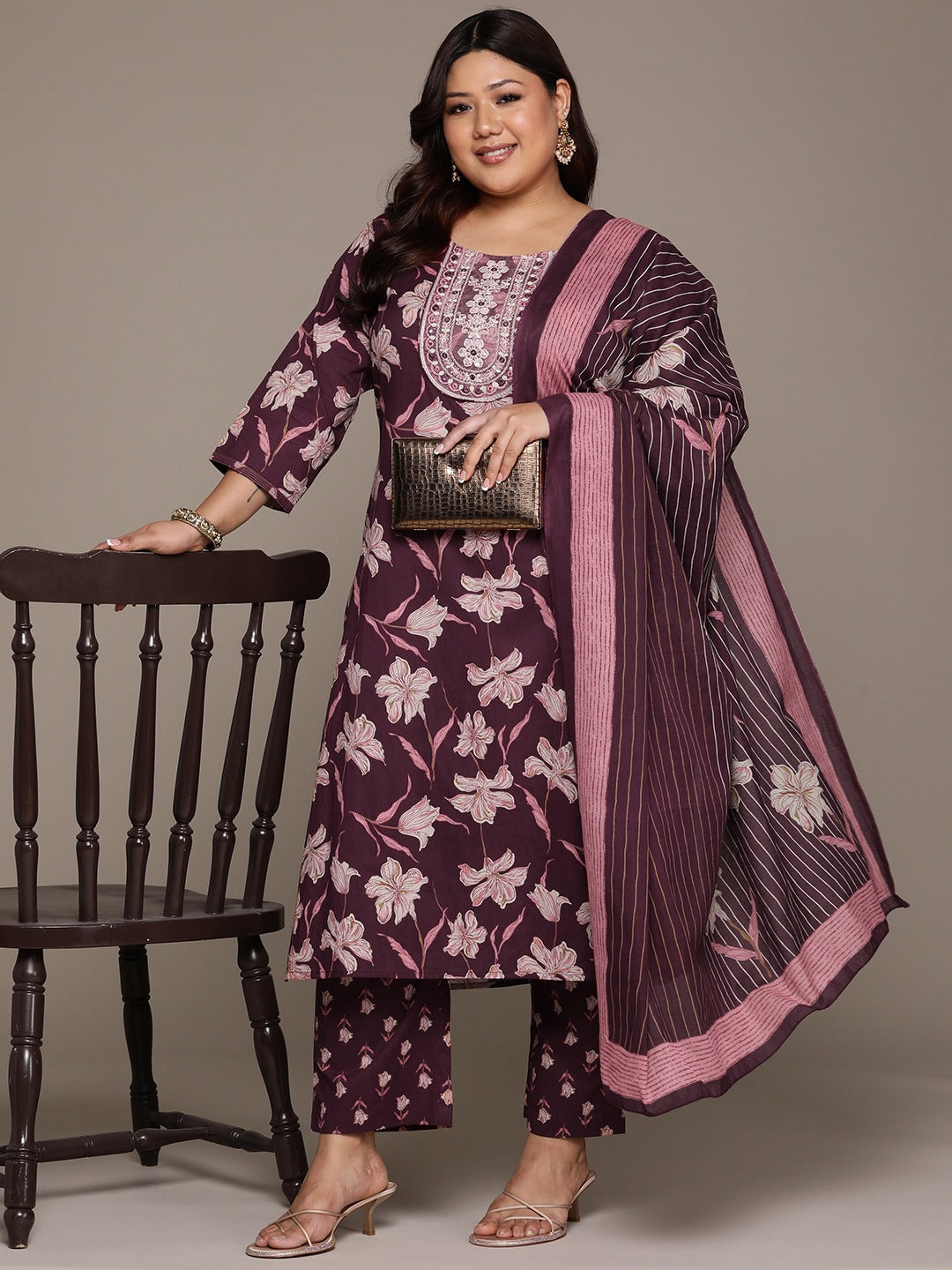 Plus Size Straight style cotton fabric Violet color kurta with Bottom and dupatta