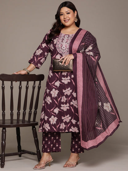 Plus Size Straight style cotton fabric Violet color kurta with Bottom and dupatta