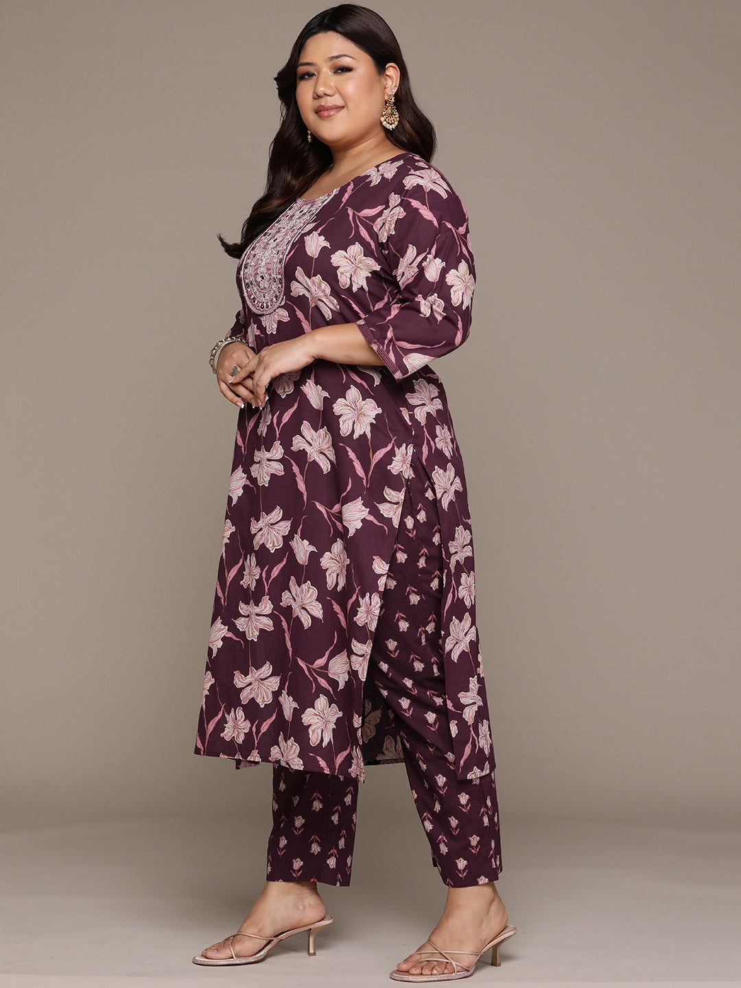 Plus Size Straight style cotton fabric Violet color kurta with Bottom and dupatta