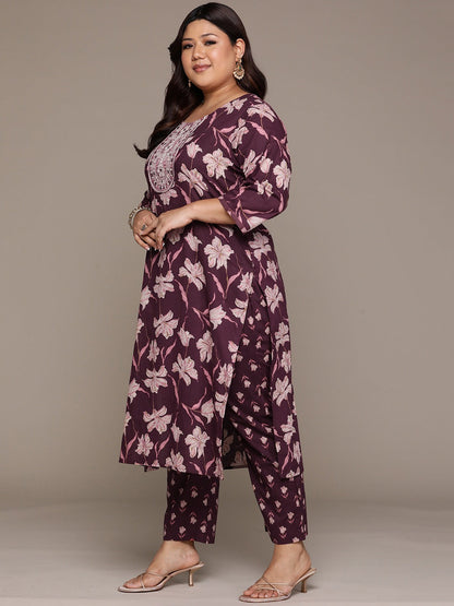 Plus Size Straight style cotton fabric Violet color kurta with Bottom and dupatta