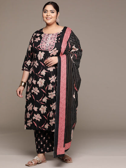 Plus Size Straight style cotton fabric Black color kurta with Bottom and dupatta