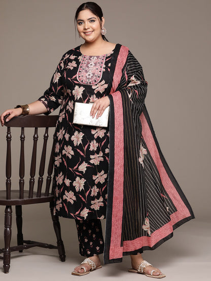 Plus Size Straight style cotton fabric Black color kurta with Bottom and dupatta