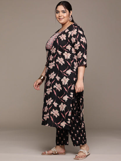 Plus Size Straight style cotton fabric Black color kurta with Bottom and dupatta