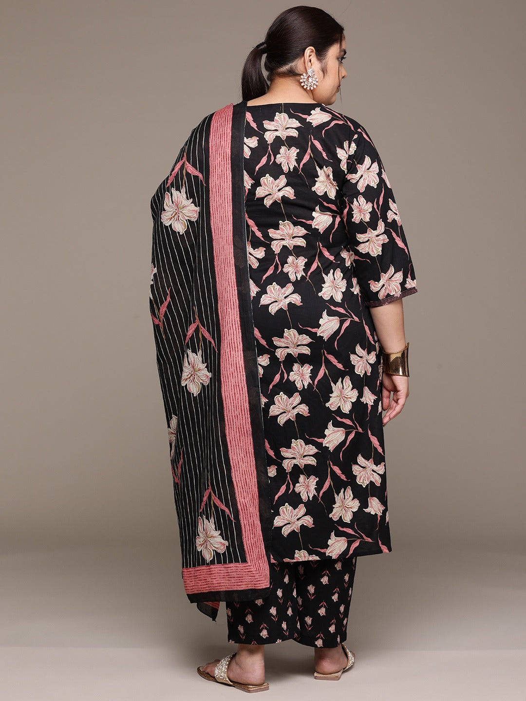 Plus Size Straight style cotton fabric Black color kurta with Bottom and dupatta