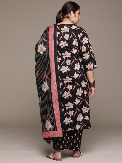 Plus Size Straight style cotton fabric Black color kurta with Bottom and dupatta