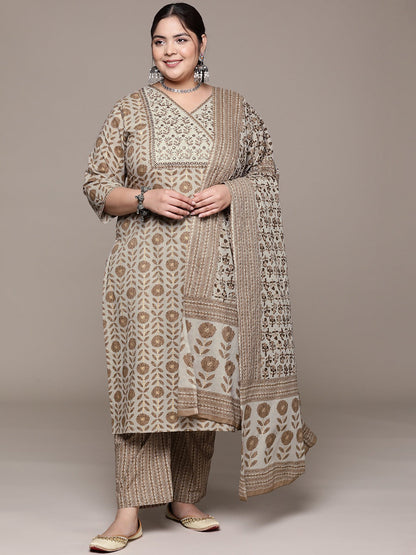 Plus Size Straight style cotton fabric Grey color kurta with Bottom and dupatta
