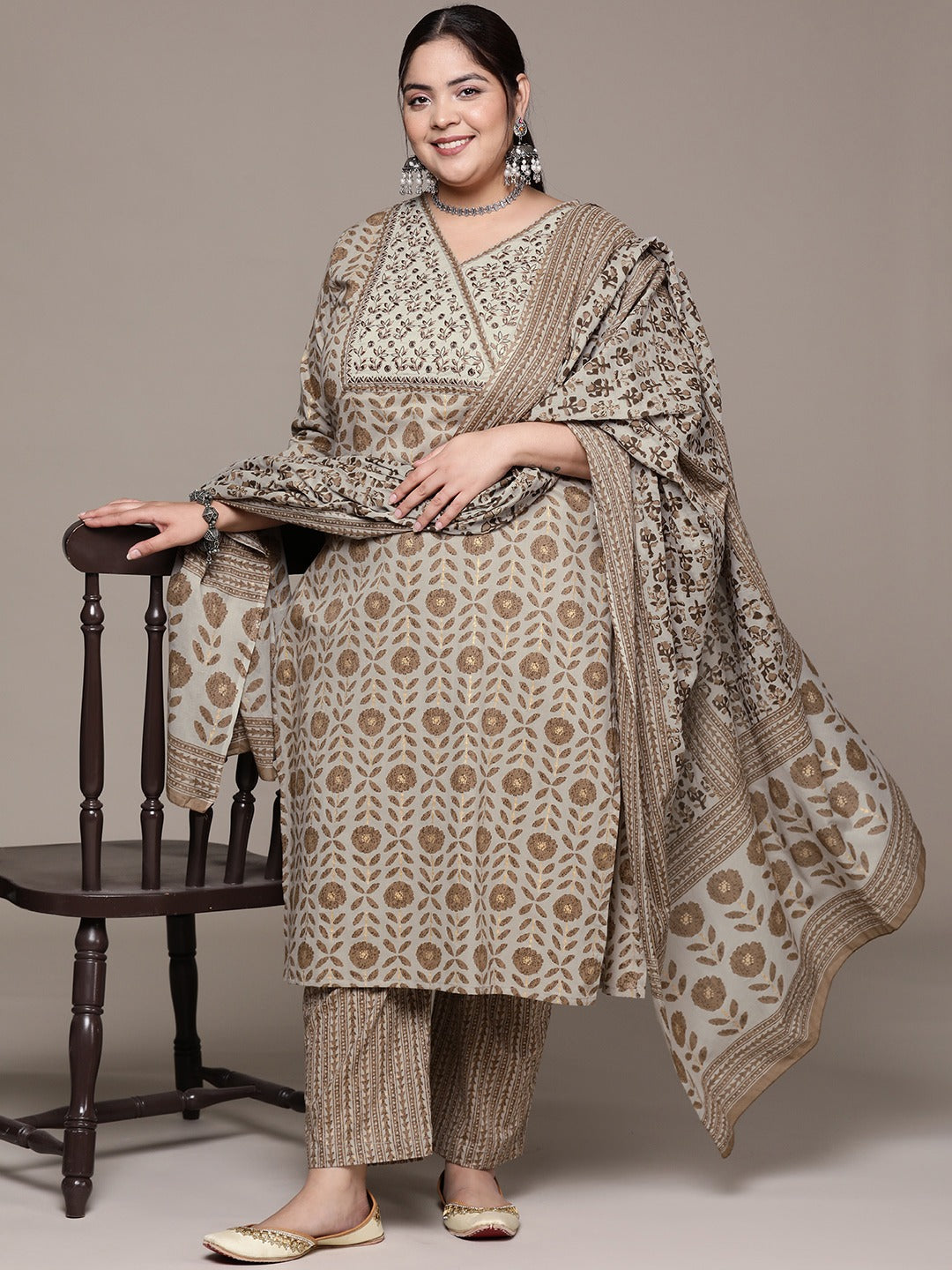 Plus Size Straight style cotton fabric Grey color kurta with Bottom and dupatta