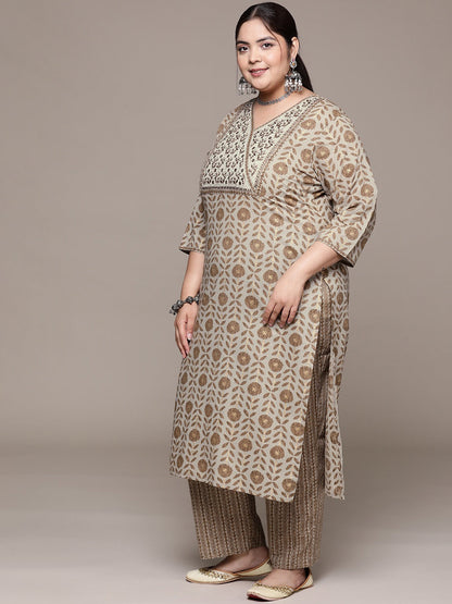 Plus Size Straight style cotton fabric Grey color kurta with Bottom and dupatta
