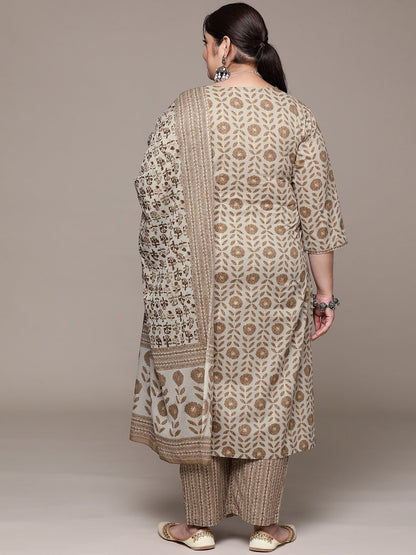 Plus Size Straight style cotton fabric Grey color kurta with Bottom and dupatta