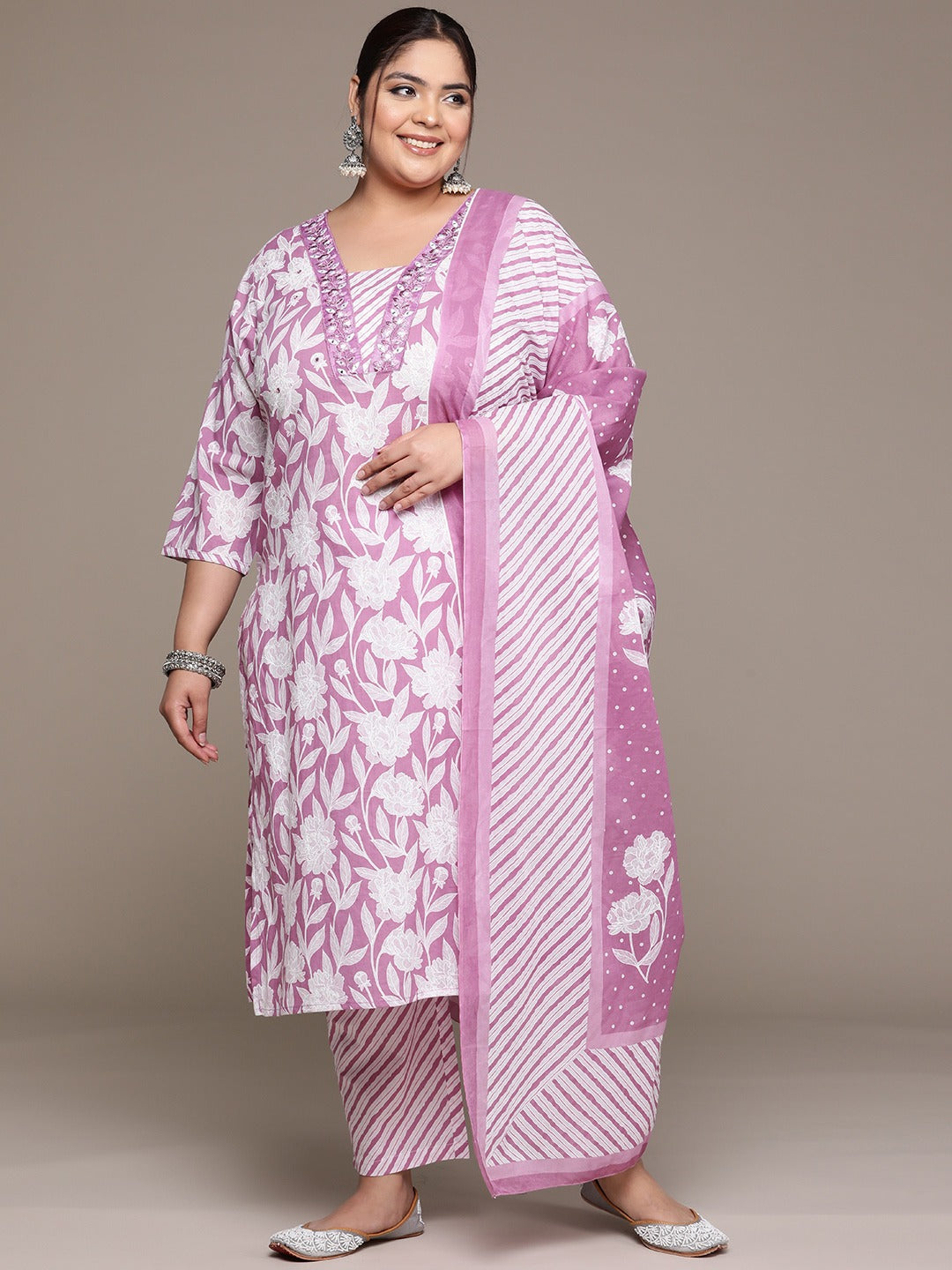 Plus Size Straight style cotton fabric Mauve color kurta with Bottom and dupatta