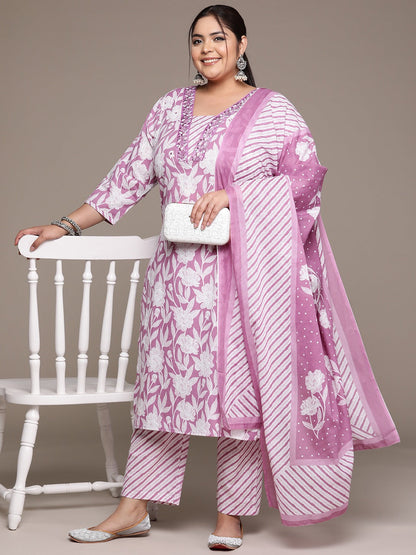Plus Size Straight style cotton fabric Mauve color kurta with Bottom and dupatta