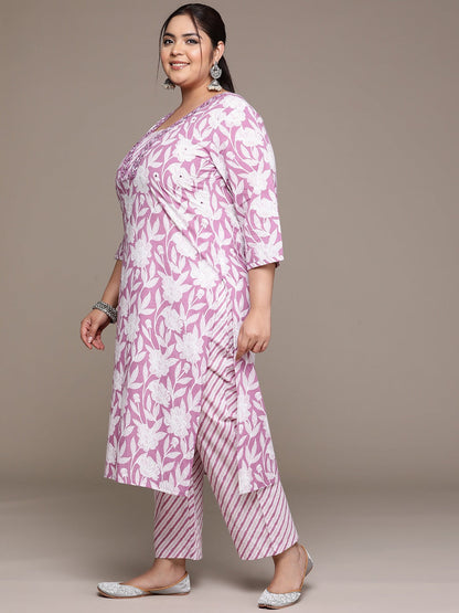 Plus Size Straight style cotton fabric Mauve color kurta with Bottom and dupatta