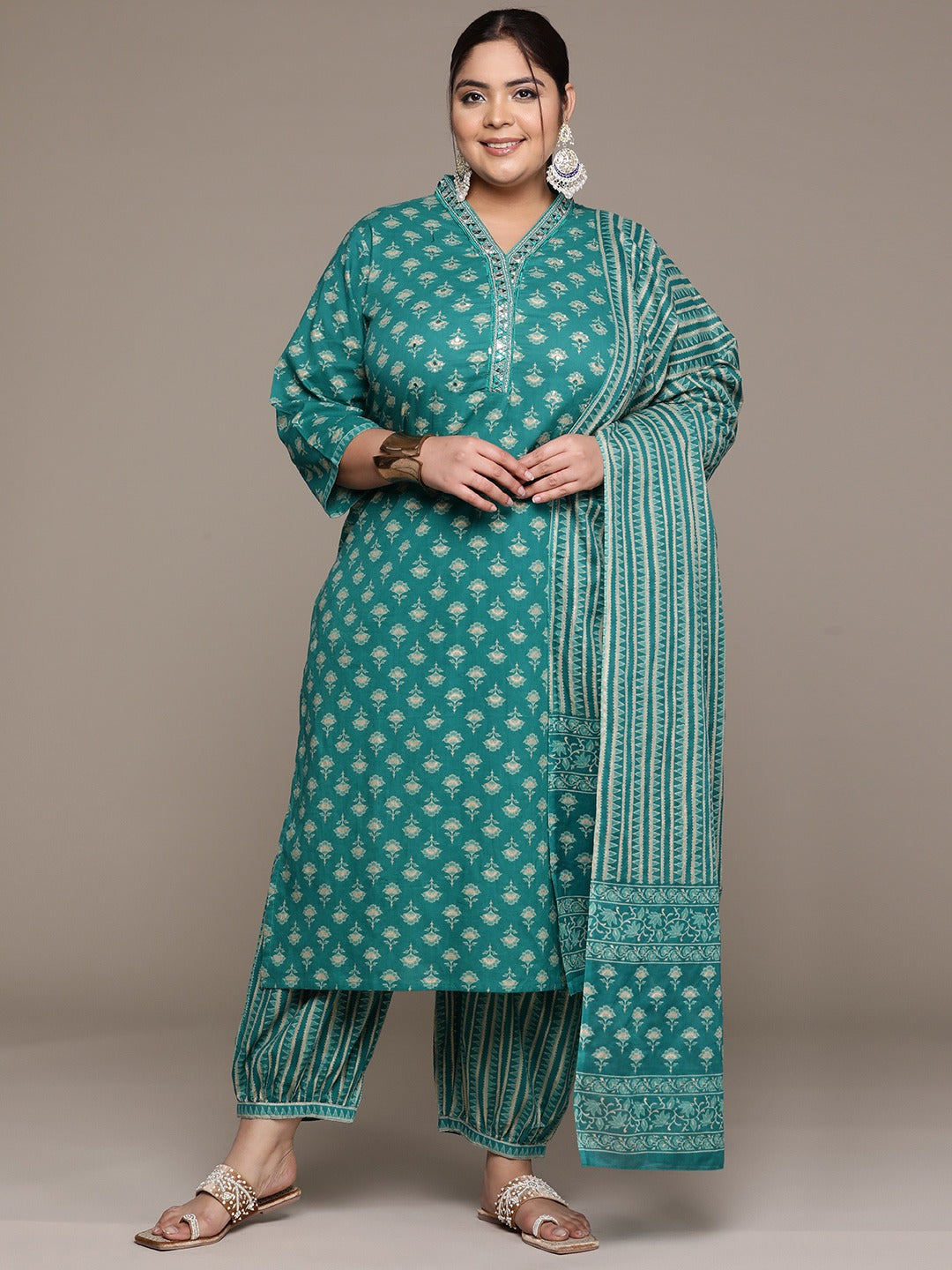 Plus Size Straight style cotton fabric Teal color kurta with Bottom and dupatta