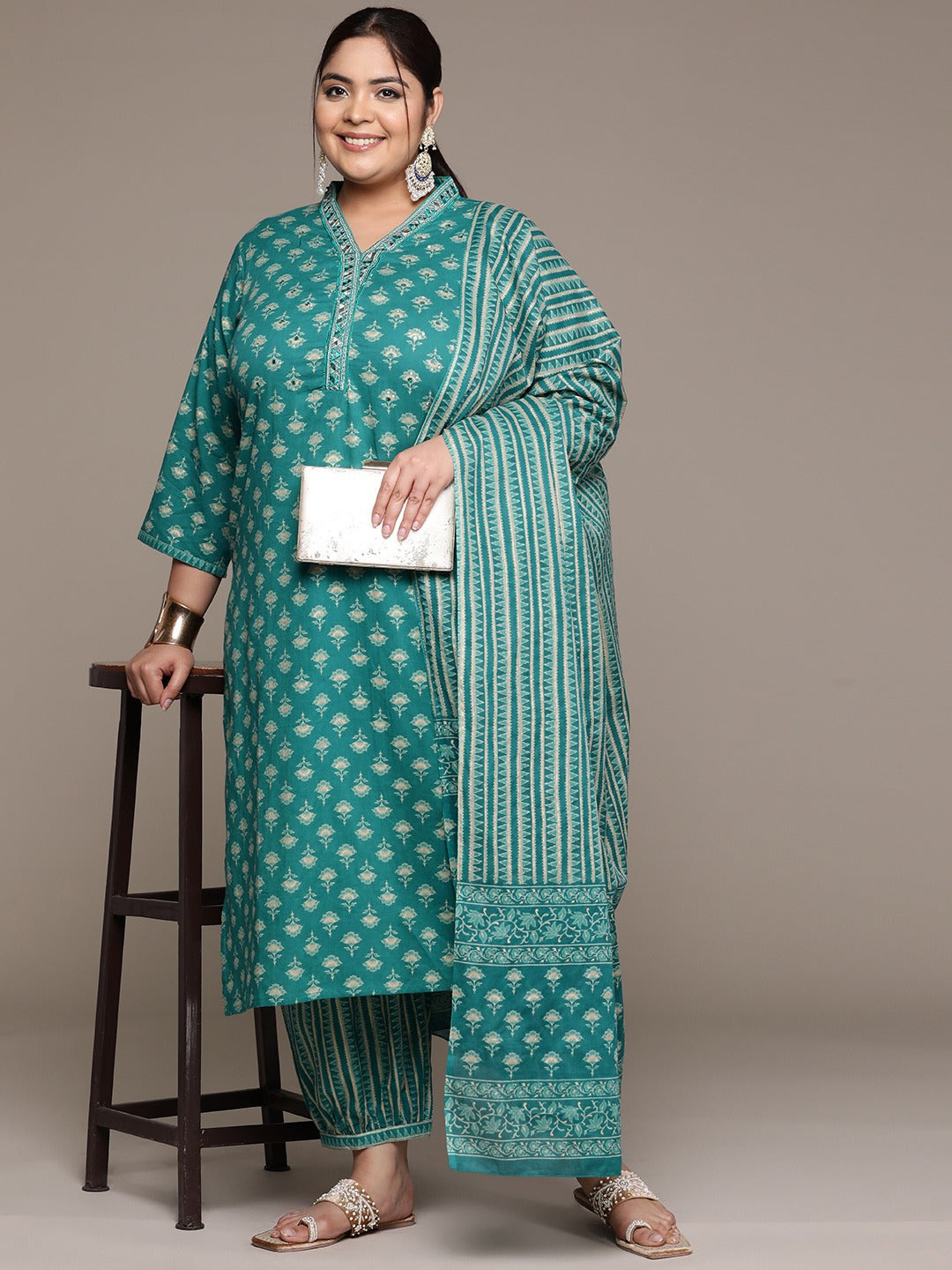 Plus Size Straight style cotton fabric Teal color kurta with Bottom and dupatta