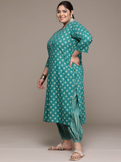 Plus Size Straight style cotton fabric Teal color kurta with Bottom and dupatta