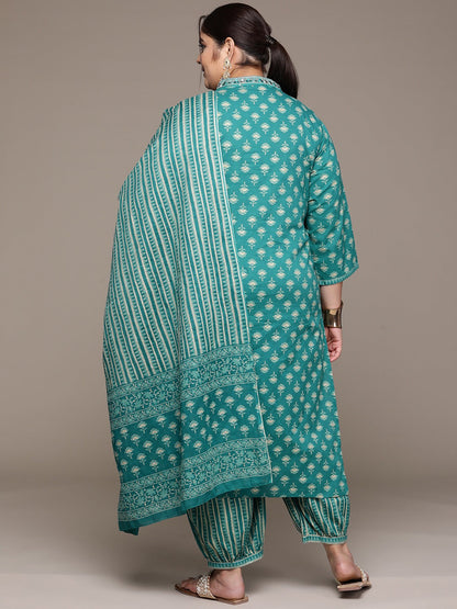 Plus Size Straight style cotton fabric Teal color kurta with Bottom and dupatta