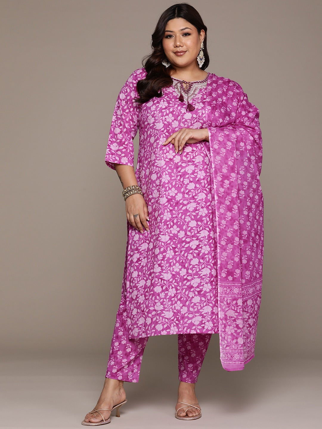Plus Size Straight style cotton fabric Purple color kurta with Bottom and Dupatta