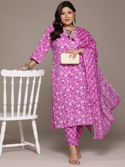 Plus Size Straight style cotton fabric Purple color kurta with Bottom and Dupatta