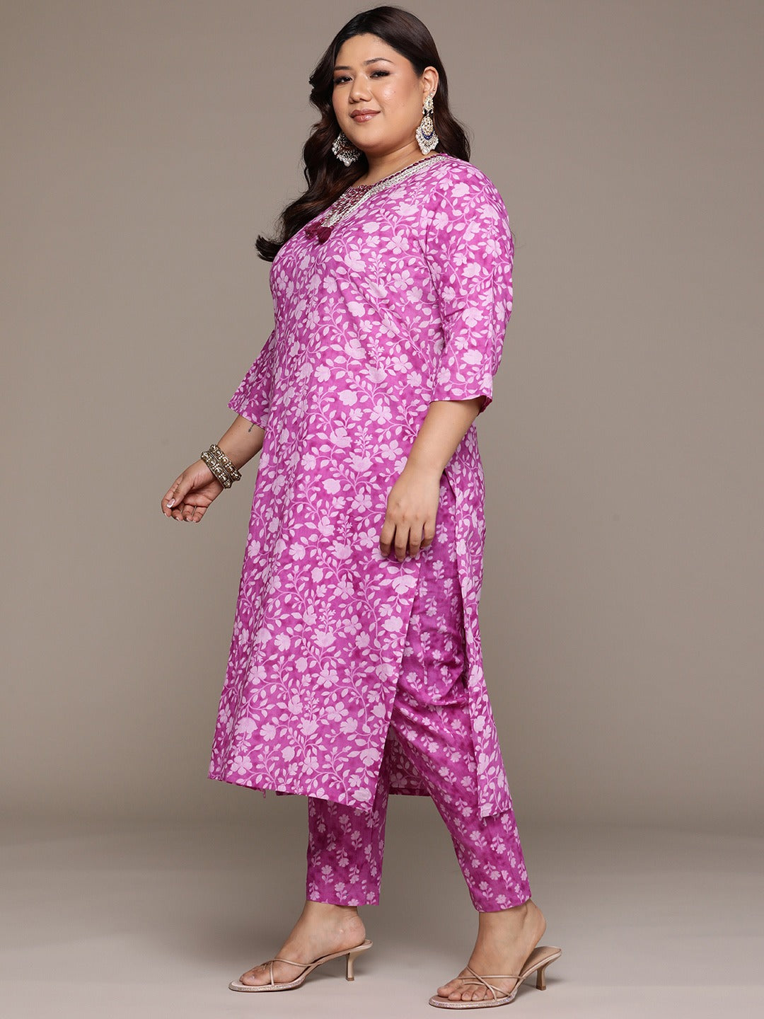 Plus Size Straight style cotton fabric Purple color kurta with Bottom and Dupatta